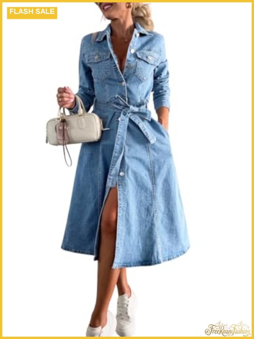 Long Sleeve Belted Denim Shirt Dress A-Line Business Casual Midi